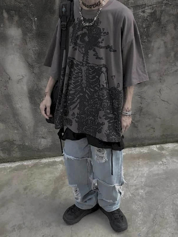 T-Shirt Unisexe Gothic Skull Oversize Loose Été – Streetwear Dark Anime Y2K Manches Courtes Tendance | Mode Homme & Femme