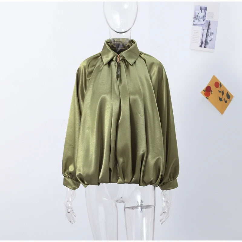 Veste Femme Suède Vert Élégante Manches Bouffantes Revers Fermeture Éclair Ample Plissée – Blouson Court Streetwear Printemps Automne | Mode 2025