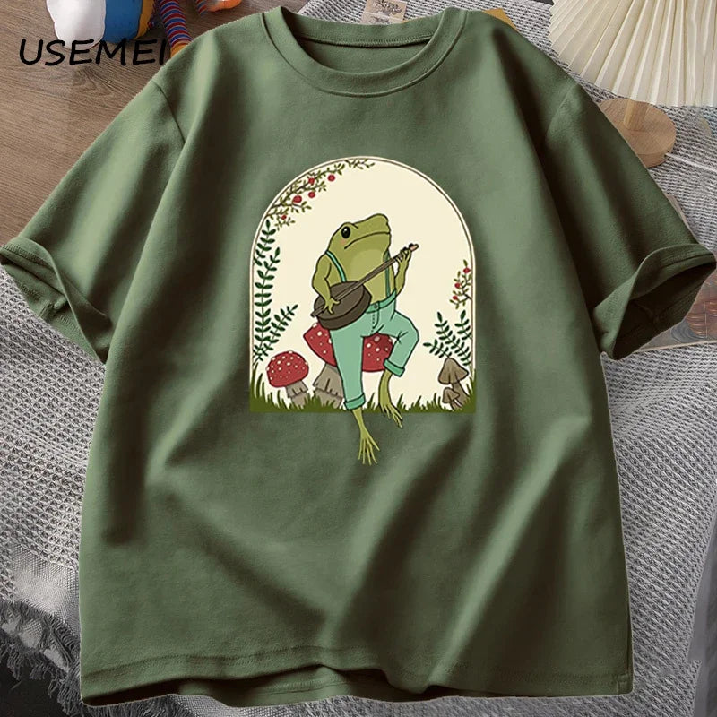 T-Shirt Homme Cottagecore Grenouille Banjo Champignon Aesthetic Coton Manches Courtes – Kawaii Nature Streetwear | Mode Homme Tendance