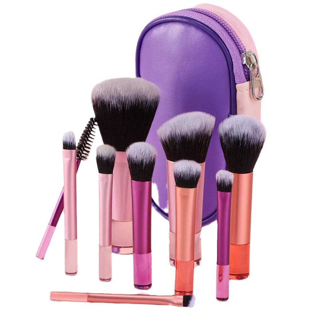 Set 10 Mini Pinceaux Maquillage Manche Crystal – Voyage Friendly avec Pochette | Pinceaux Yeux & Fond de Teint Débutantes