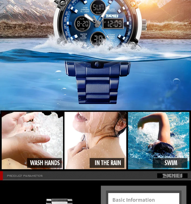 Montre Homme SKMEI Luxe Bracelet Acier 3 Fuseaux Horaires LED Sport Alarme Analogique Digitale Chronomètre | Montre SKMEI Multifonction Sport Luxe Premium