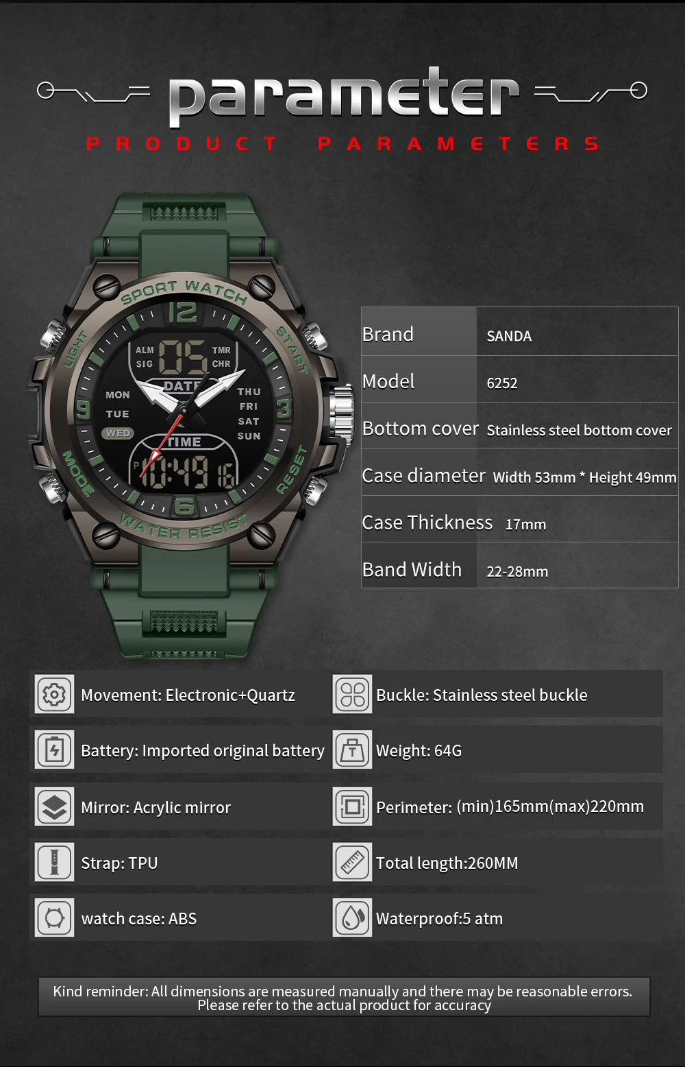 Montre Homme SANDA Militaire Tactique G-Style – LED Digital Quartz Étanche 50M Sport Luxe