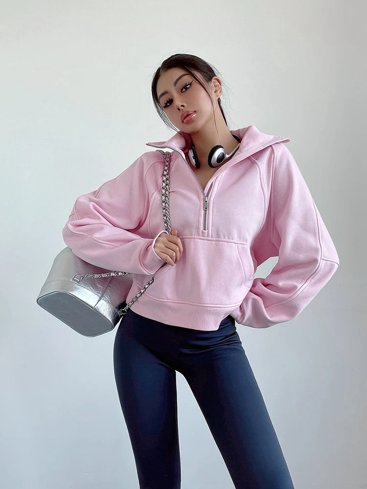 Sweat Femme Oversize Zip Polaire – Hoodie Streetwear Chaud Casual Rose Blanc