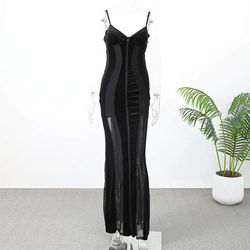 Robe Maxi Femme Velours Noir Transparente Mesh Épaules Dénudées Taille Cinée Slim – Soirée & Club | 2026