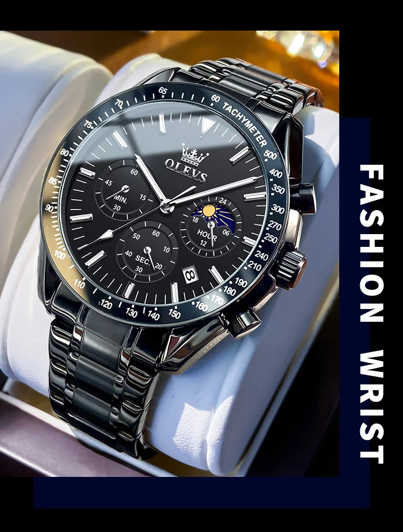 Montre Homme OLEVS Chronographe Phase de Lune Quartz Bleu Acier – Étanche Lumineux Date Fashion