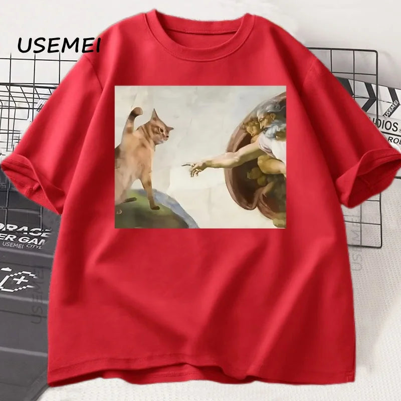 T-Shirt Unisexe Humour Chat Dieu Création d'Adam Meme Jésus Coton Vintage Manches Courtes Col Rond – Streetwear Meme Culte | Mode Casual