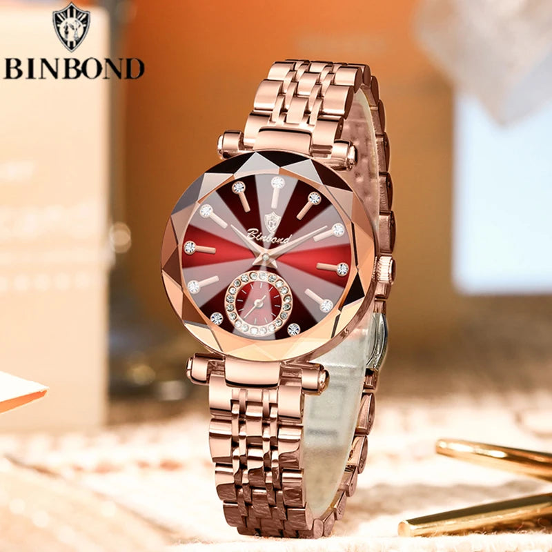 Montre Femme Luxe BINBOND Diamant Cœur de l'Océan Quartz – Lumineuse Étanche Élégante