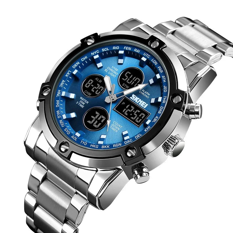 Montre Homme SKMEI Luxe Bracelet Acier 3 Fuseaux Horaires LED Sport Alarme Analogique Digitale Chronomètre | Montre SKMEI Multifonction Sport Luxe Premium