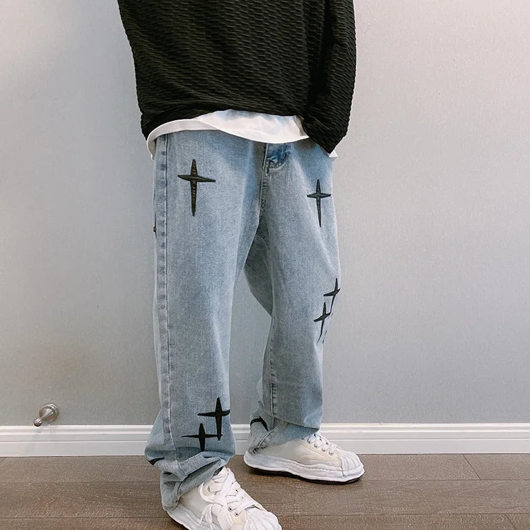Jean Homme Imprimé Baggy Wide Leg Style Coréen K-Fashion Streetwear Cargo Droit Casual Loose Denim Tendance Urbain – Jean Baggy Premium K-Fashion | Mode Homme Streetwear K-Fashion Premium