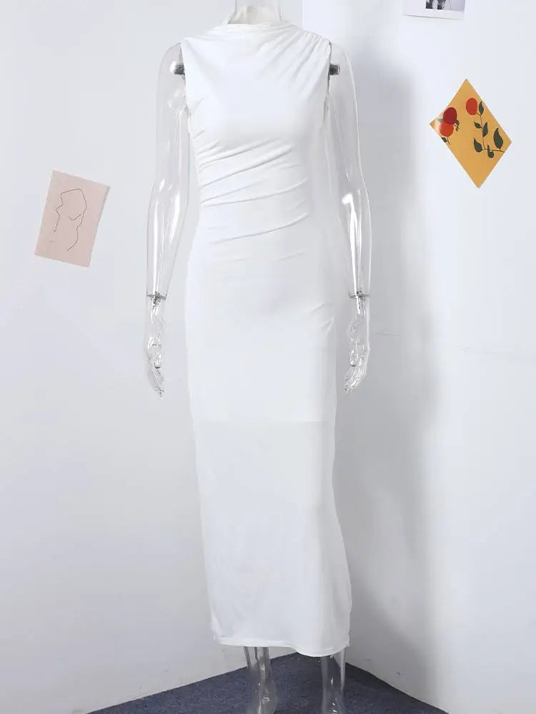 Damen Maxikleid Weiß Plissiert Ärmellos Rundhals – Schlank Machend Elegant | Sommerabend