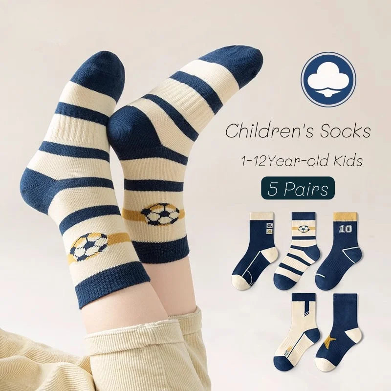 Lot 5 Paires Chaussettes Garçon Coton Rayures Motif Football – Chaussettes Enfant Printemps Automne 1-14 Ans