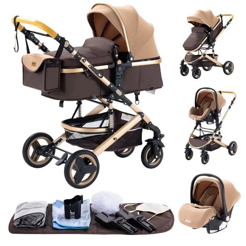 Poussette Bébé 3 en 1 Luxe Pliable Noire – Cadre Aluminium, Haute Vue, Nacelle & Siège | Voyage Nouveau-Né & Nourrisson