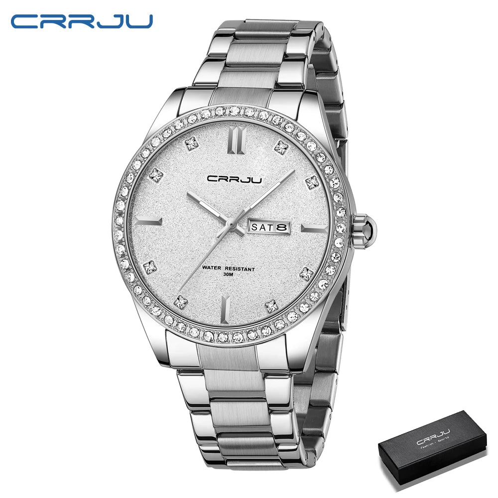 Montre Homme CRRJU Moissanite Diamant Luxe Cadran Doré Acier Inoxydable Lumineux Élégante Premium | Montre CRRJU Moissanite Diamant Luxe Premium