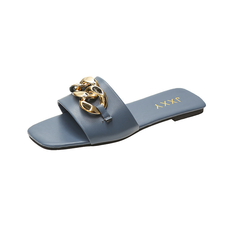 Mules Chaîne Bout Carré Femme 2025 – Sandales Plates Slide Décoration Métal Plage Casual