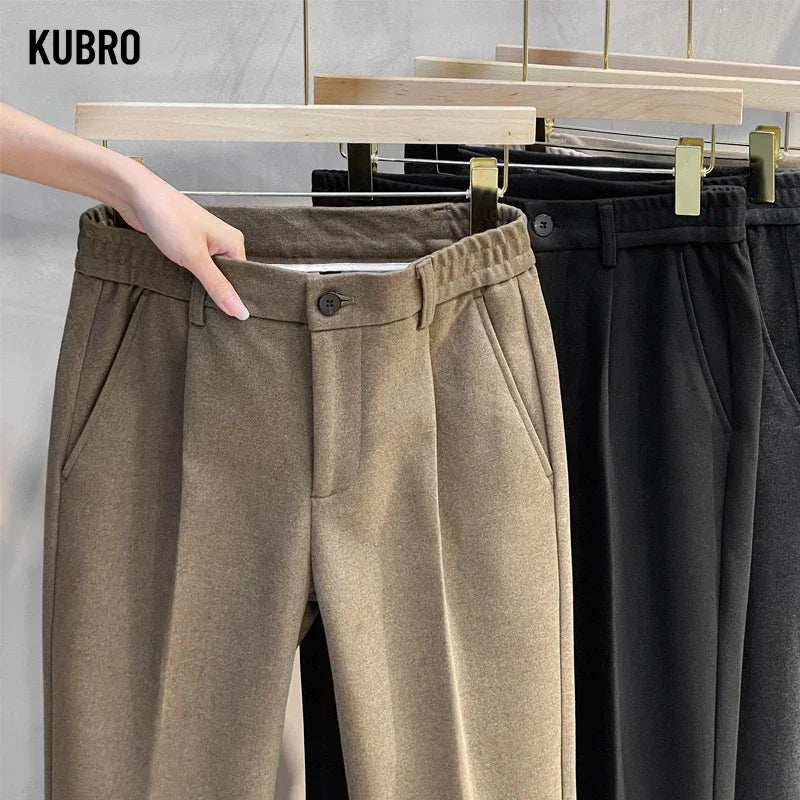 Pantalon Costume Homme Business Droit Laine Épaisse Ceinture Élastique Gris Marron Classique Korean Formal Automne Hiver – Pantalon de Costume Premium Toutes Tailles 28-38 | Mode Homme Business Premium