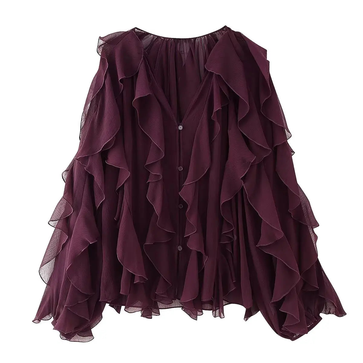 Blouse À Volants Semi-Transparente Femme Col V – Manches Longues Boutons | Style Sensuel Automne Bordeaux
