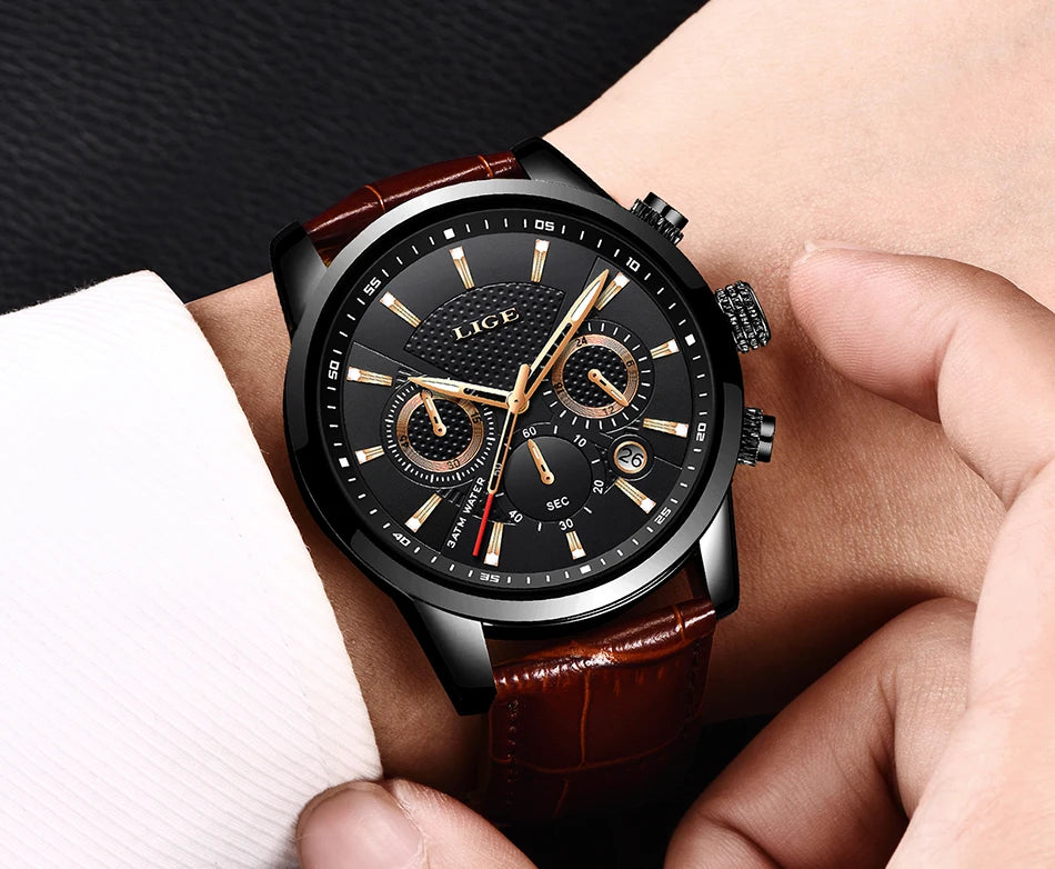 Montre Homme Luxe LIGE Chronographe Quartz Cuir – Business Sport Étanche Date 2025