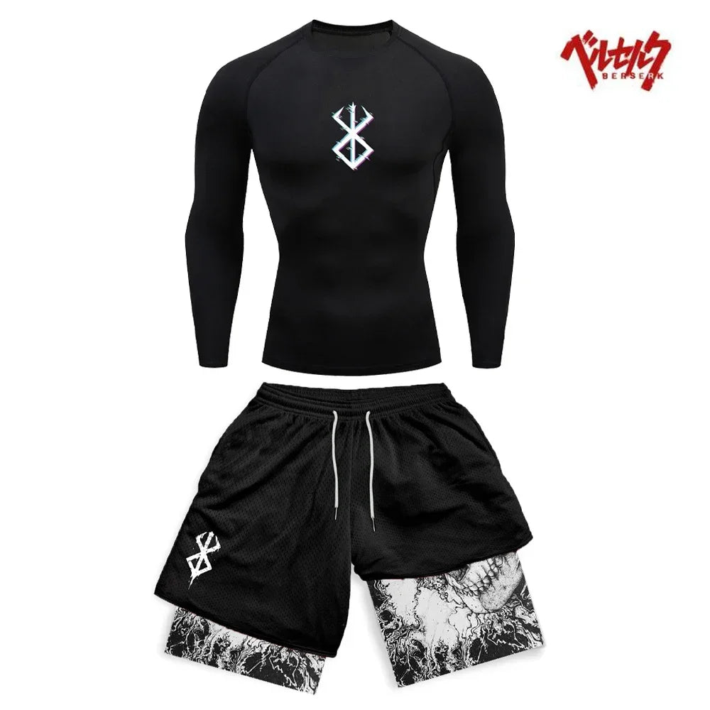 Ensemble Compression Homme Anime Berserk – T-Shirt + Short Gym Séchage Rapide | Running, Fitness & Workout Été | Sportswear Manga