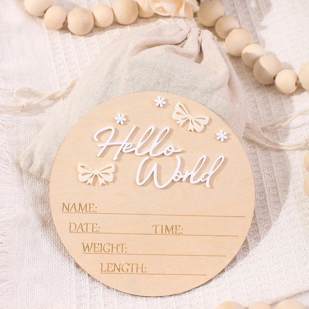 Pancarte Naissance Bébé « Hello World » – Déco Maternité Rose Poudré Papillon Étoile Photo Nouveau-Né
