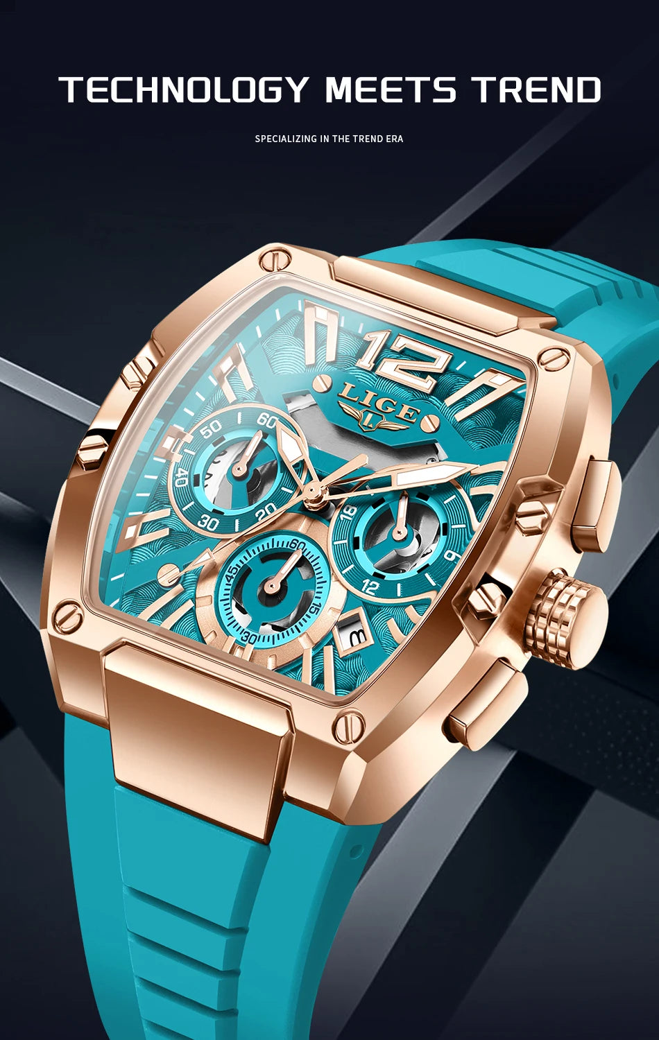 Montre Homme LIGE Sport Quartz Silicone Squelette Lumineux Calendrier – Étanche Outdoor Fashion