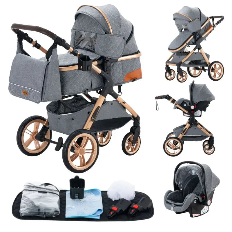 Poussette Bébé 3 en 1 Pliable Aluminium – Haute Vue, Nacelle & Siège, Voyage Compact | Nouveau-Né & Nourrisson