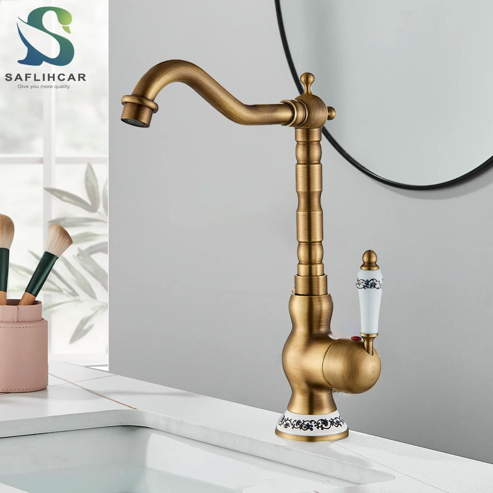 Robinet Laiton Antique Mono-Trou – Poignée Céramique Pivotante, Mitigeur Eau Chaude & Froide | Cuisine & Salle de Bain