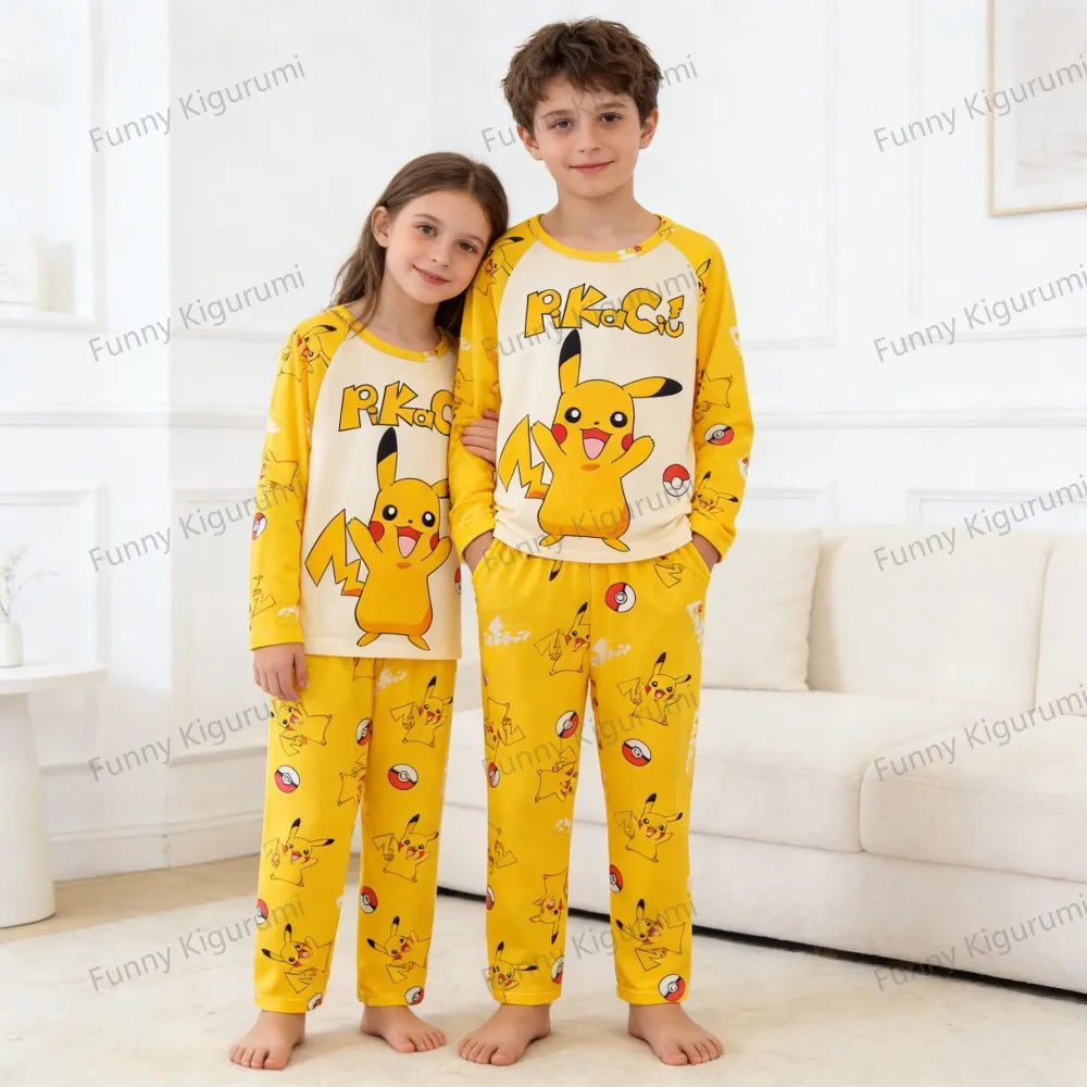 Pyjama Enfant Cartoon Pikachu – Ensemble 2 Pièces Manches Longues Garçon Fille 3-13 Ans