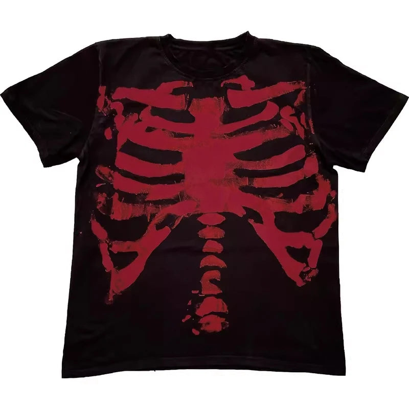 T-Shirt Homme Crâne Noir Rouge Dark Goth Y2K Shibuya Manches Courtes Imprimé Graphique Streetwear – Tee Absurde Tendance | Mode Homme Goth Urban