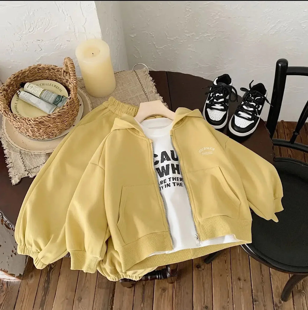 Ensemble 2 Pièces Enfant Coton Zippé à Capuche + Pantalon – Style Coréen Lettre Casual Printemps Automne