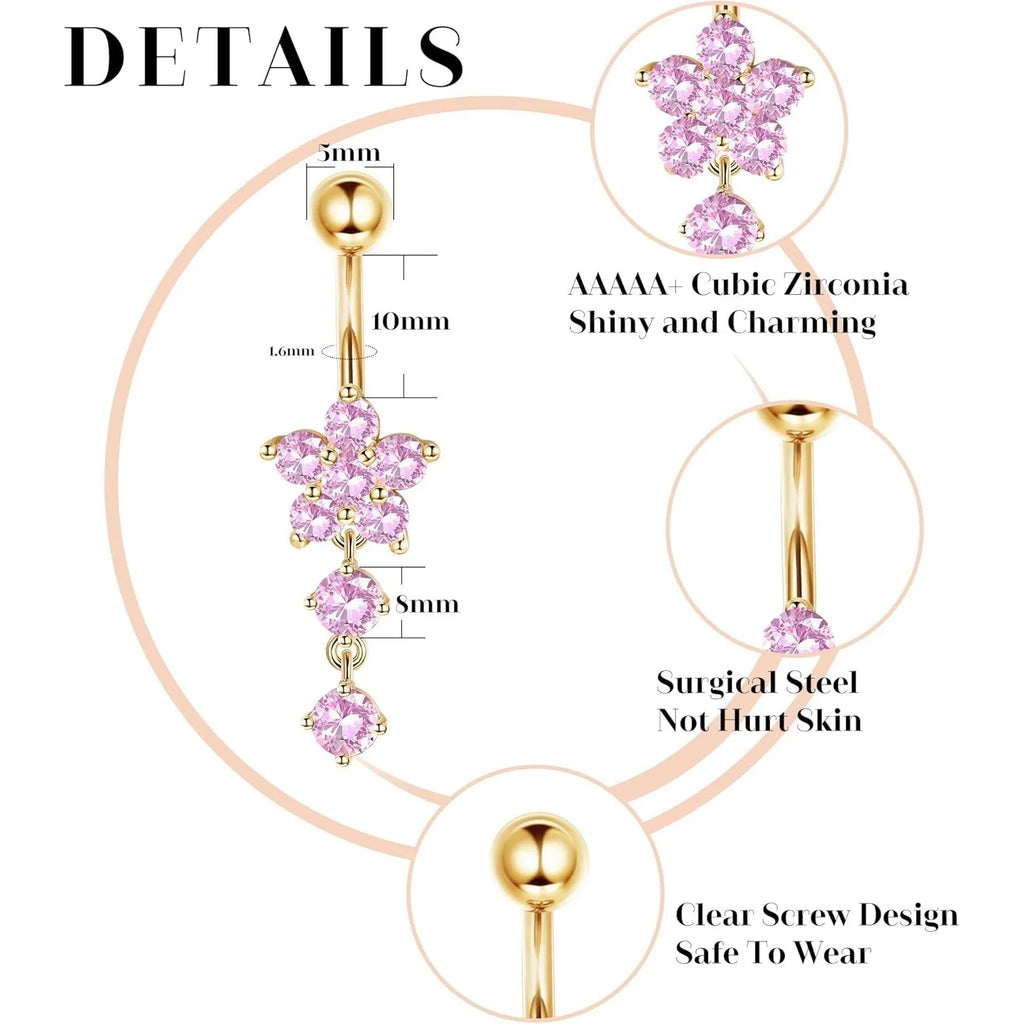 Piercing Nombril 14G Acier Chirurgical Fleur CZ Pendentif – Anneau Nombril Femme Premium & Hypoallergénique | Body Jewelry Élégant & Sécurisé