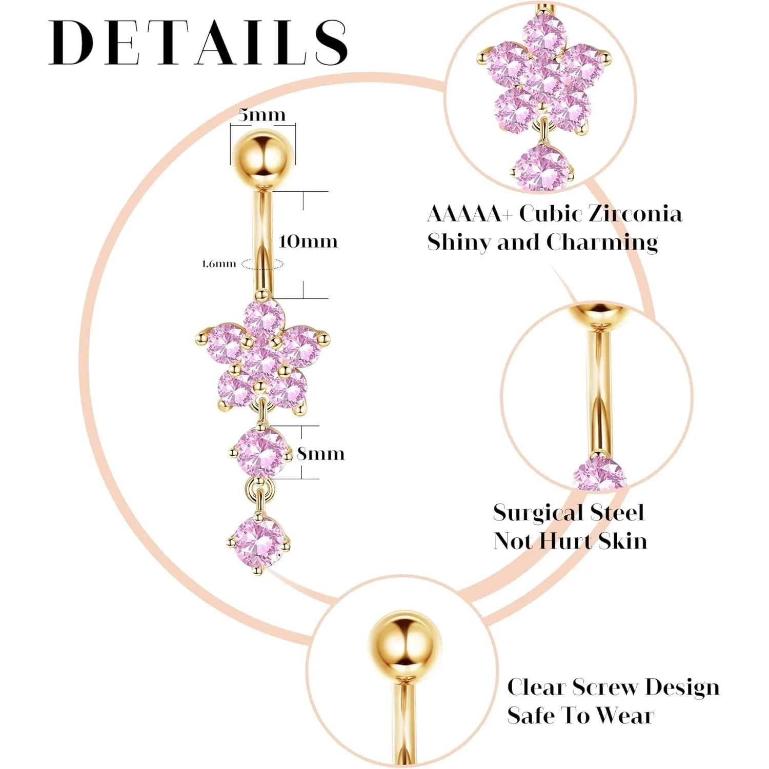 Piercing Nombril 14G Acier Chirurgical Fleur CZ Pendentif – Anneau Nombril Femme Premium & Hypoallergénique | Body Jewelry Élégant & Sécurisé