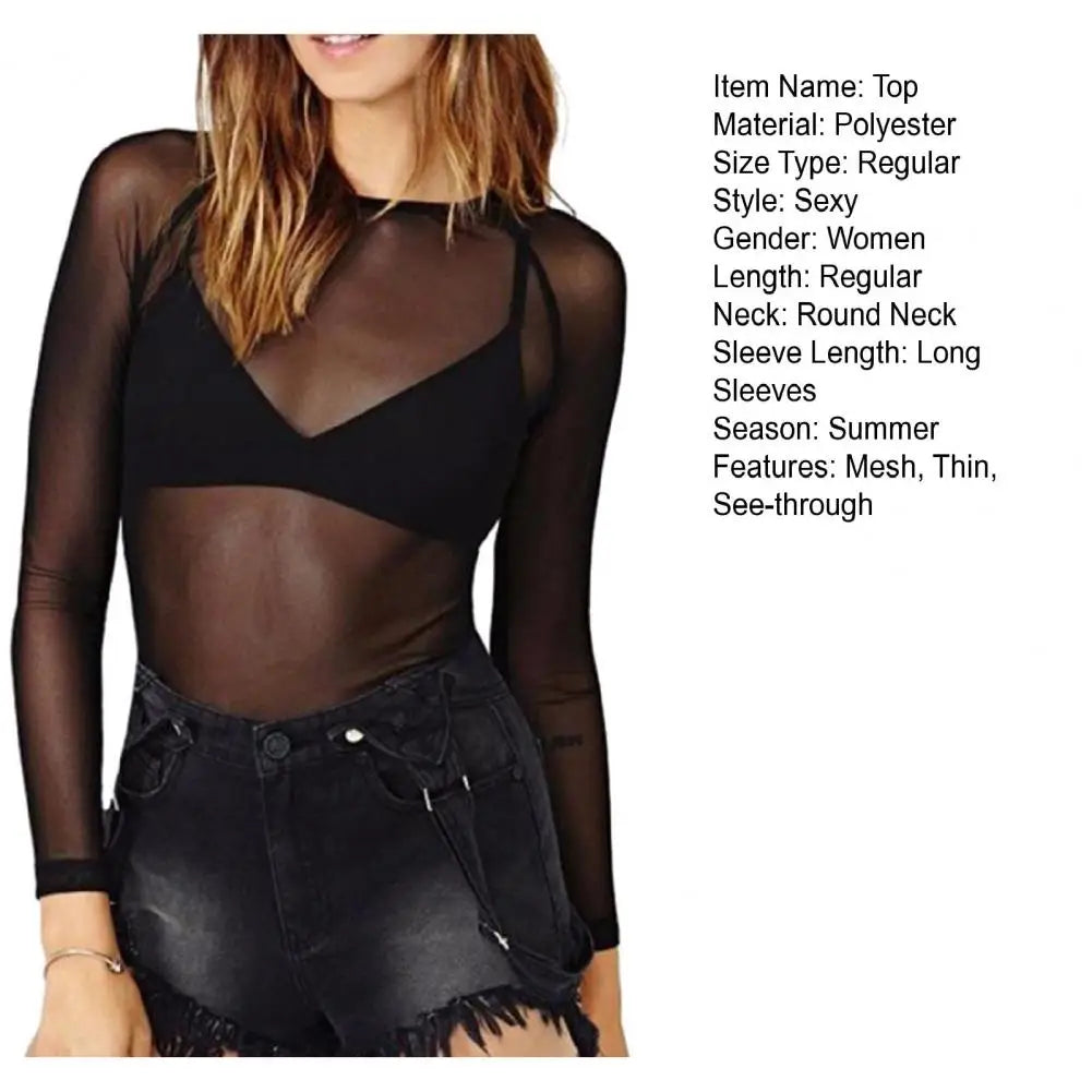 Damen transparentes Mesh-Oberteil Langarm – Rundhals Slim Fit | Punk-Strand-Sommer-Stil