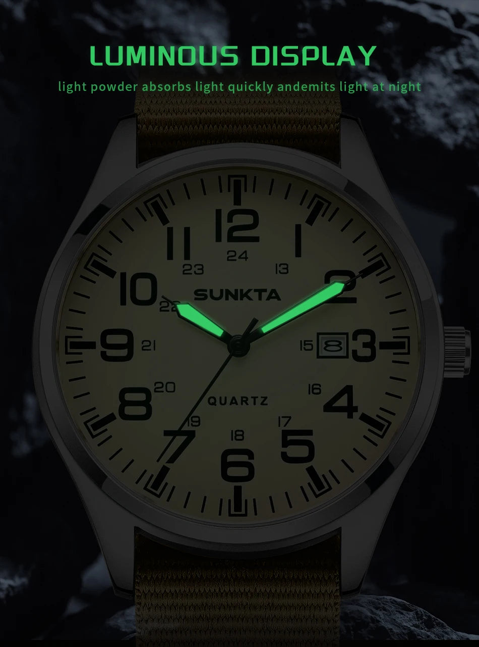 Montre Homme SUNKTA Militaire Sport Luxe Quartz Date Nylon Cuir Lumineux Étanche – Fashion Tendance