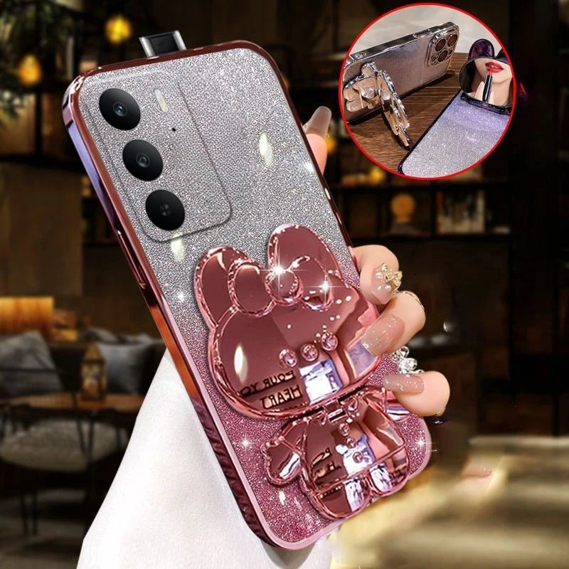 Coque Miroir Lapin Pliable Realme C71 C73 C75 – Support Intégré Antichoc | Accessoire Smartphone Kawaii