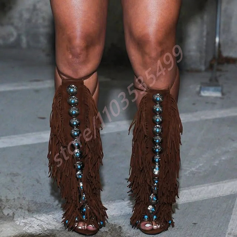 Bottes Gland Gemmes Catwalk Stiletto Femme – Luxe Romain Bout Ouvert Scène Mode