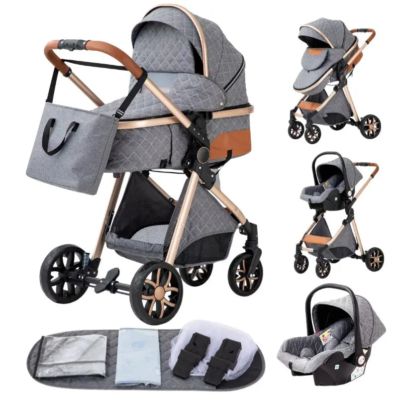 Poussette Bébé 3 en 1 Pliable Aluminium – Haute Vue, Nacelle & Siège, Voyage Compact | Nouveau-Né & Nourrisson
