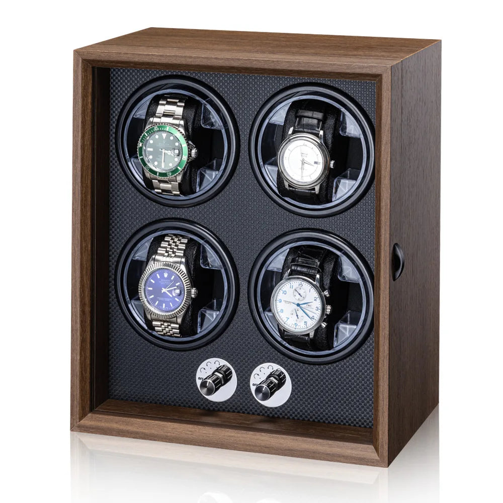 Remontoir Montre Automatique 1/2/4/6 Slots Boîte Bois Moteur Silencieux LED Bleue Vitrine Bijoux Premium | Remontoir Montre Automatique Bois LED Premium