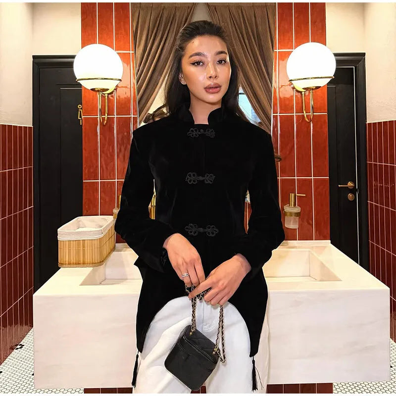 Veste Femme Velours Noir Franges Boutons Nœuds Ourlet Asymétrique Manches Longues Slim – Élégante Streetwear & Bureau