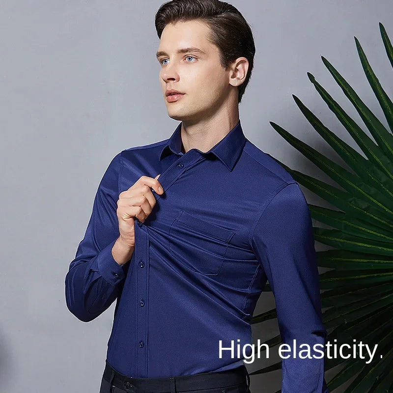 Chemise Homme Manches Longues Élastique Col Mao Sans Repassage – Tenue Professionnelle Business Dress Élégante | Mode Homme Premium