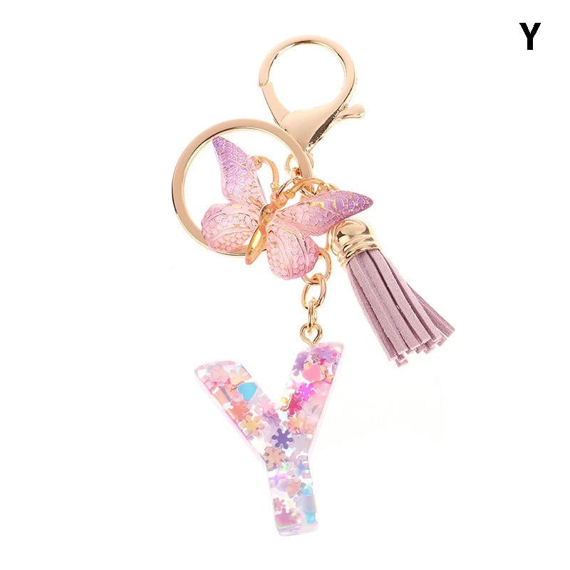 Porte-Clés Lettre Initiale Sequins Femme – Pendentif Papillon Pompon Sac Voiture Bijou