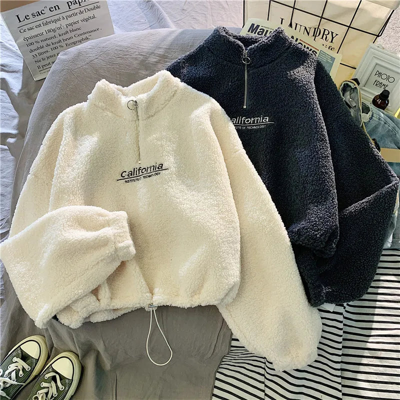 Sweat Court Femme Col Montant Polaire Brodé Cordon Manches Longues Velours Peluche Élégant – Hoodie Crop | Automne