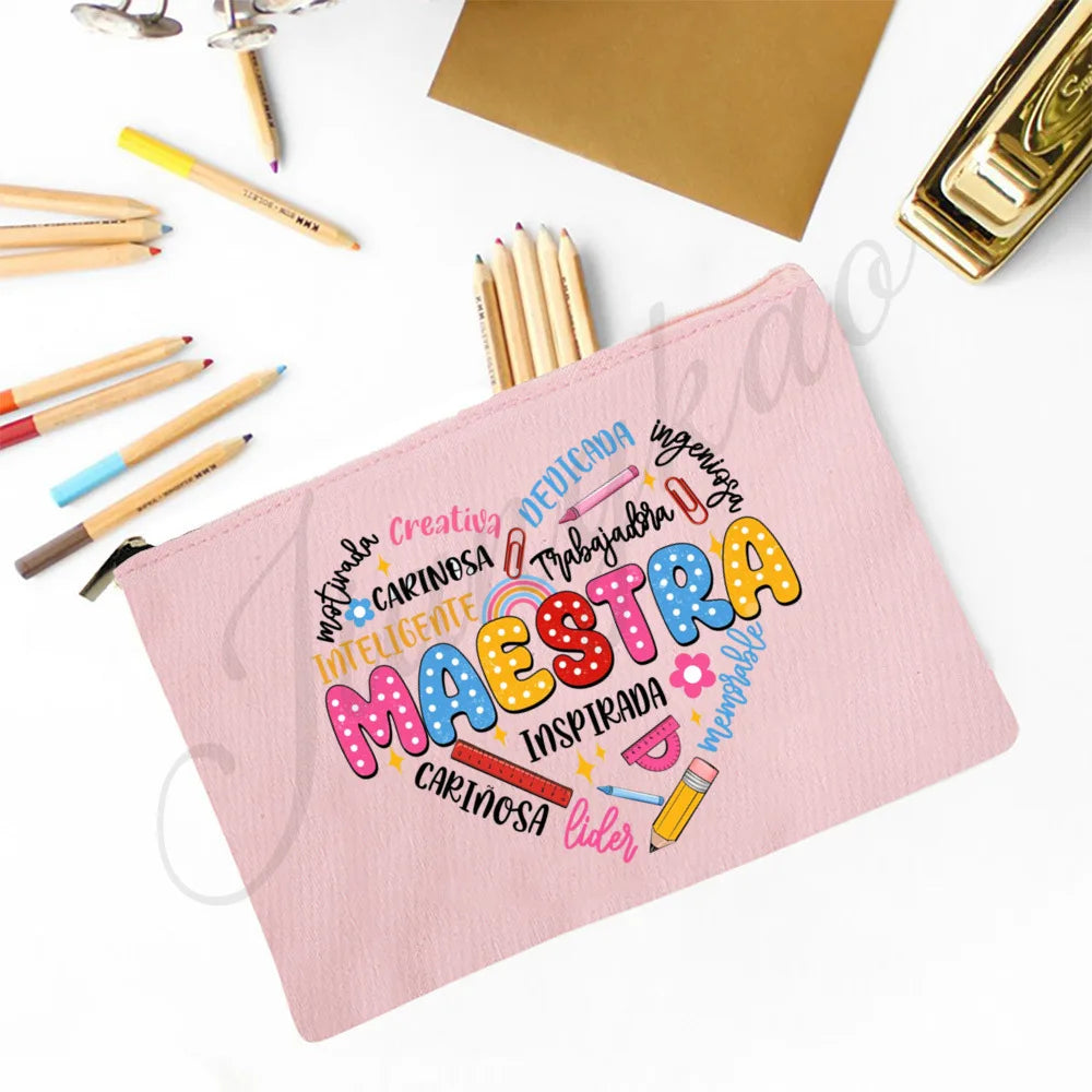 Trousse Maquillage Maestra Imprimé Coeur Espagnol – Organisateur Voyage & Crayon | Cadeau Enseignante