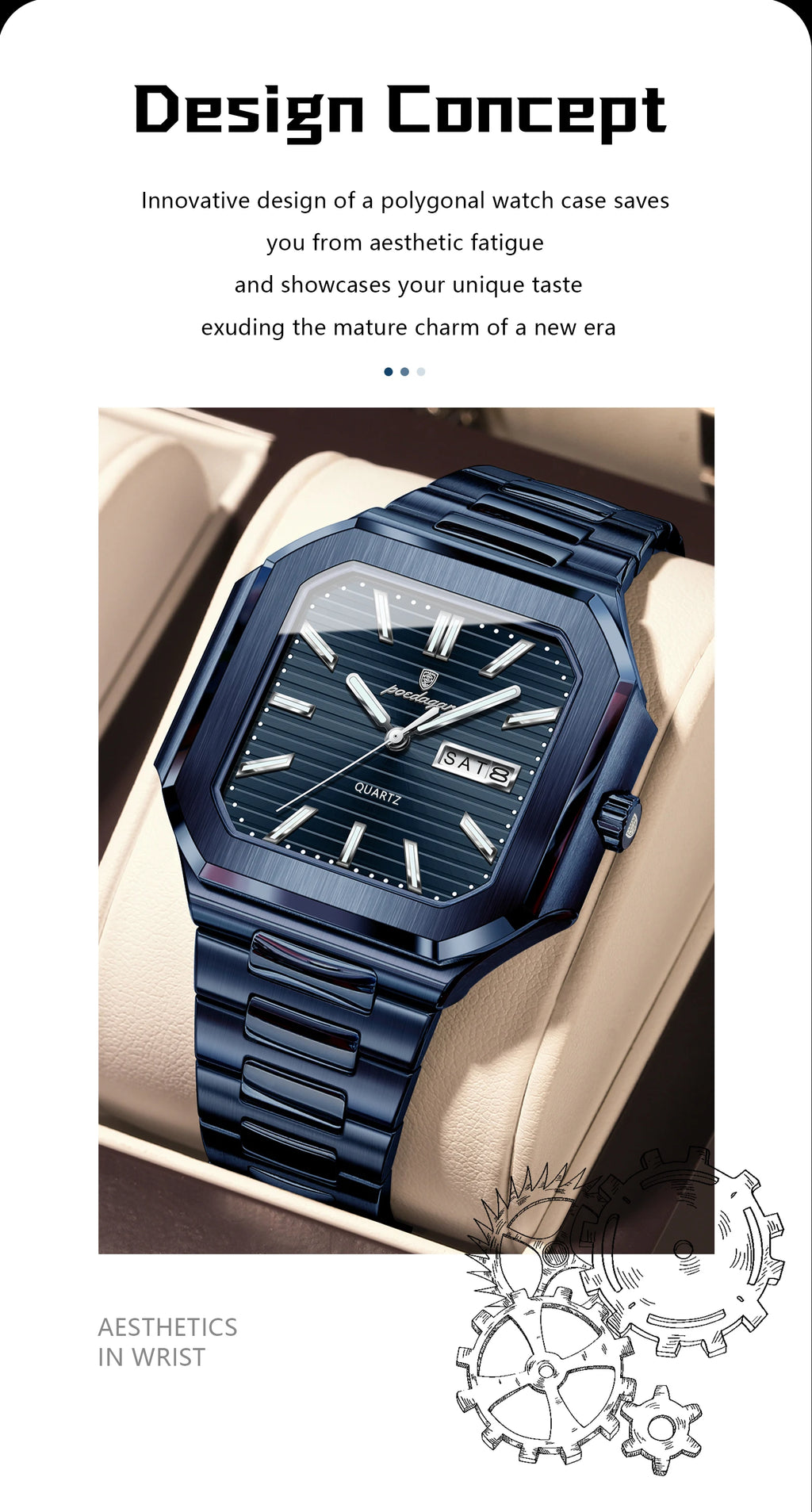 Montre Carrée Luxe Homme Poedagar – Quartz Étanche Lumineuse Date Semaine Acier Inoxydable Fashion