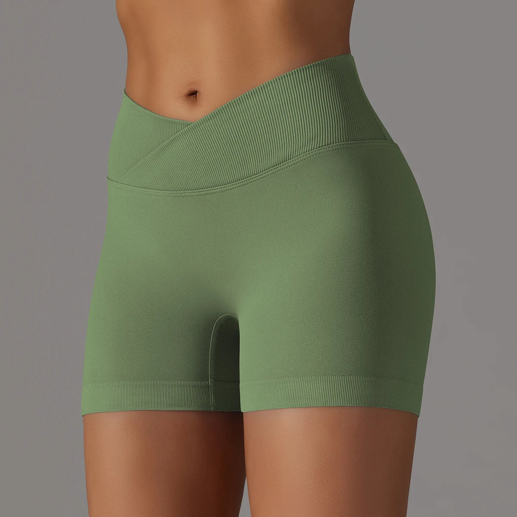 Short Yoga Femme Taille Haute Croisée Gainant Fessier Gym Running Fitness – Short Sport Sculptant Élastique | Mode Athleisure