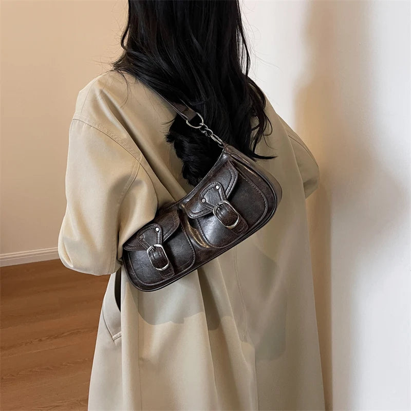 Sac Épaule Femme Cuir PU Double Poches Tendance 2025 – Sac Crossbody Underarm Chic