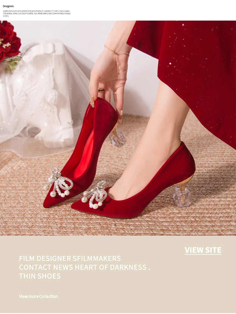 Chaussures Mariée Perle Talon Épais Bout Pointu – Xiuhe Robe Mariage Confortables