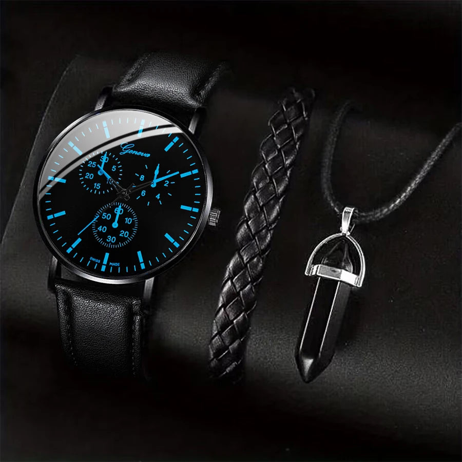 Coffret 3 Pièces Homme Montre Quartz Cuir + Bracelet + Collier – Set Business Fashion Élégant
