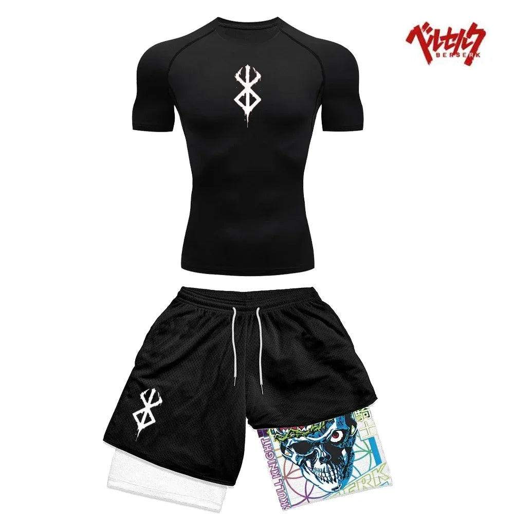 Ensemble Compression Homme Anime Berserk – T-Shirt + Short Gym Séchage Rapide | Running, Fitness & Workout Été | Sportswear Manga
