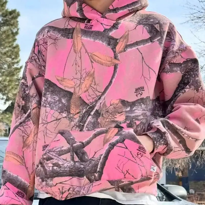 Sweat à Capuche Zippé Unisexe Y2K Rétro Camouflage Rose Branches Imprimé Streetwear Harajuku Boxy Casual – Hoodie Tendance Oversize | Mode Unisexe