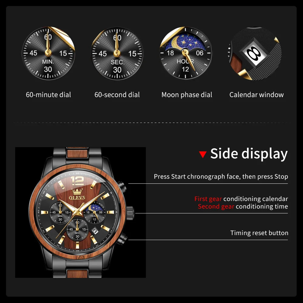 Montre Homme OLEVS Luxe Quartz – Bracelet Acier & Bois Santal Rouge Lumineux Étanche Calendrier